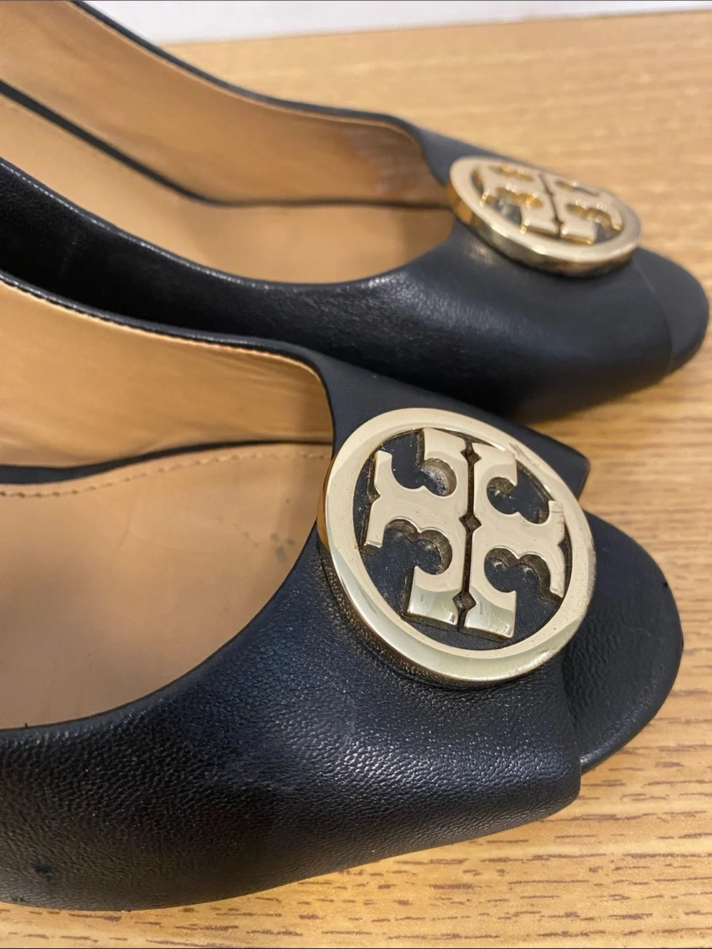 Tory Burch Black Leather Peep-Toe Heels with Gold Logo Medallion